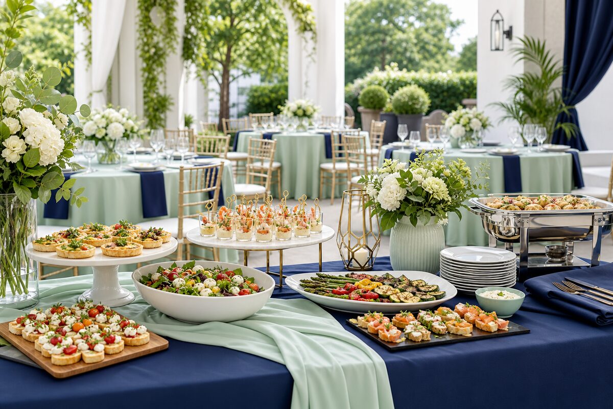 A beautifully arranged catering table with plates, utensils, and food ready to serve